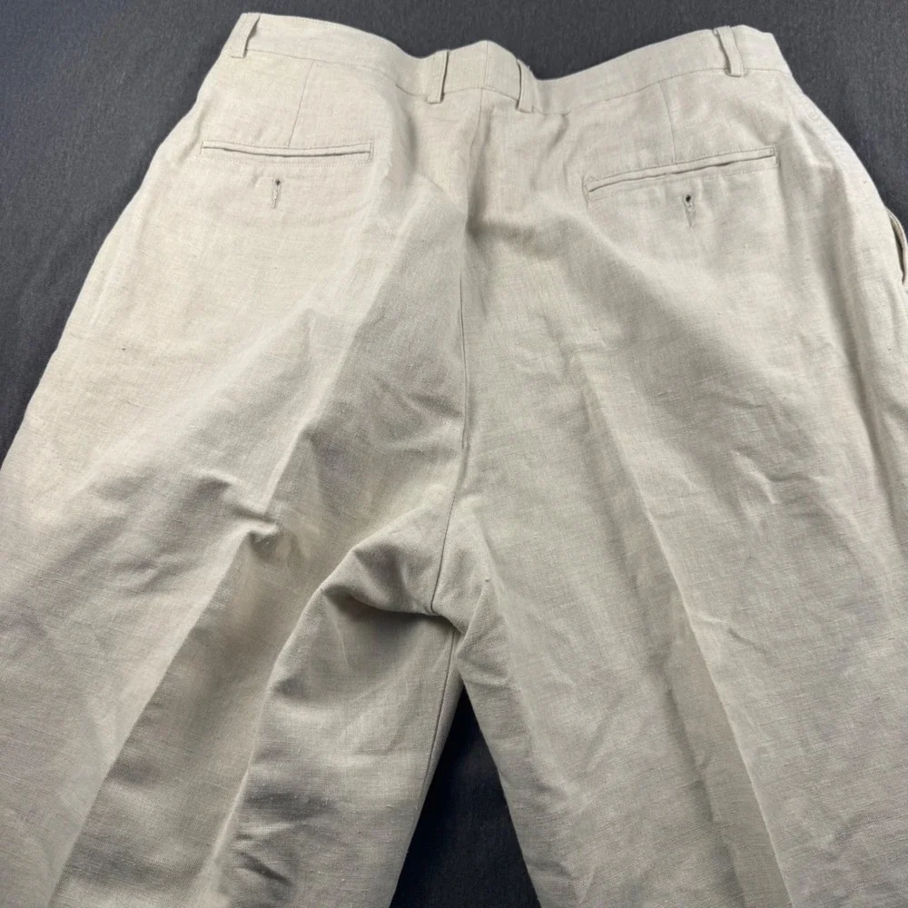 Perry Ellis Mens 36x30 Linen Cotton Blend Pleated Cuffed Trousers Beige Oatmeal